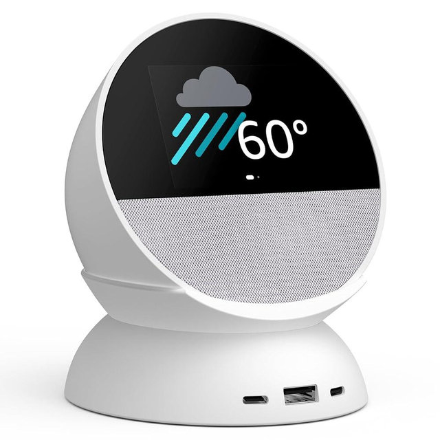 Echo Spot Bundle: Includes Echo Spot (2024 Release) | Glacier White & Made for Amazon Stand with USB-C and USB-A Charging Ports | Glacier White