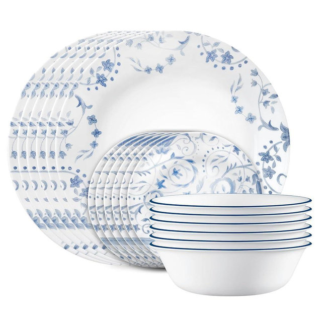 Corelle Vitrelle 18-Piece Service for 6 Dinnerware Set, Triple Layer Glass and Chip Resistant, Lightweight Round Plates and Bowls Set, Darlington