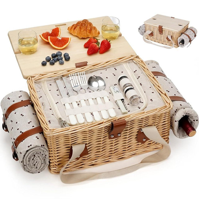 HappyPicnic Picnic Basket for 2, Handmade Wicker Picnic Set with Folding Table and Waterproof Blanket, Large Insulated Picnic Basket with Wine Bag & Cutlery Kit for Picnic, Camping, Holidays (Cherry)