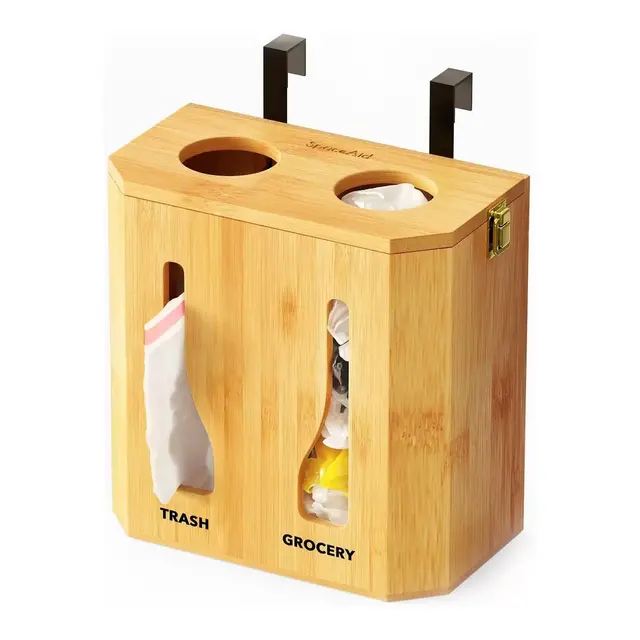 SpaceAid Bamboo 2 in 1 Grocery Bag Holder & Trash Bag Dispenser for Kitchen Organization