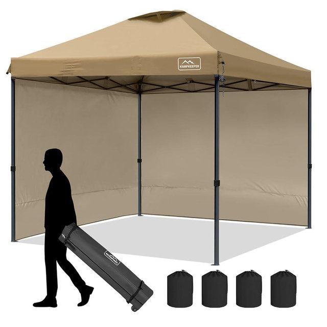 KAMPKEEPER 10x10 Pop Up Canopy Tent with 2 Sidewalls, Beach Tent - Easy Outdoor Sun Shade for Events, Parties, Camping - Gazebo with 4 Weight Bags & Carry Bag.（Khaki）