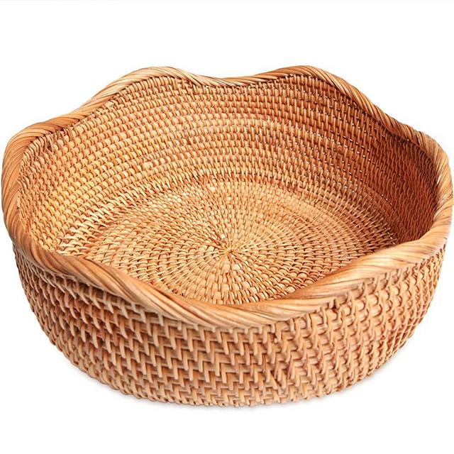 Handmade Rattan Round Woven Rustic Basket, Flower-Shaped Bread Basket Round Tabletop Rattan Woven Snack Fruit Serving Bowls (M -10.2inch)