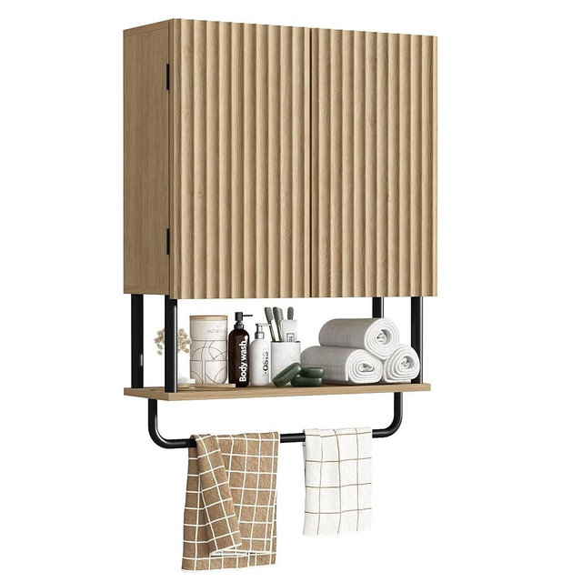 RUSTOWN Fluted Bathroom Wall Cabinet with 2 Doors, 3-Tier Modern Farmhouse Medicine Cabinet, Over The Toilet Storage Cabinet with Adjustable Shelf and Towel Bar (Natural, Medium)