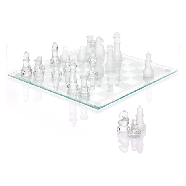 Modern 9.7" Glass Chess Set with Solid Clear & Frosted Pieces, Crystal Board, Felt Padding Included – Elegant & Durable Deluxe Game Set