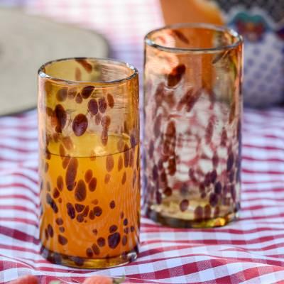 Six Water Glasses Handblown Recycled Glass Drinkware Mexico, "Tall Tortoise Shell"