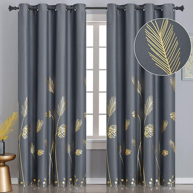 Estelar Textiler Blackout Curtains & Drapes 84 Inches Length 2 Panels Set for Living Room with Gold Palm Leaf Drapes for Bedroom, 52Wx84L, Dark Grey, 1Pair