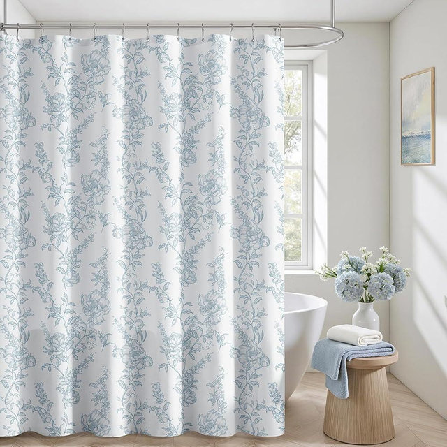 HOMEIDEAS Blue and White Floral Shower Curtain 72x72 Inch, Modern Shower Curtains for Bathroom with Hooks, Waterproof Fabric, SPA Bathroom Decor