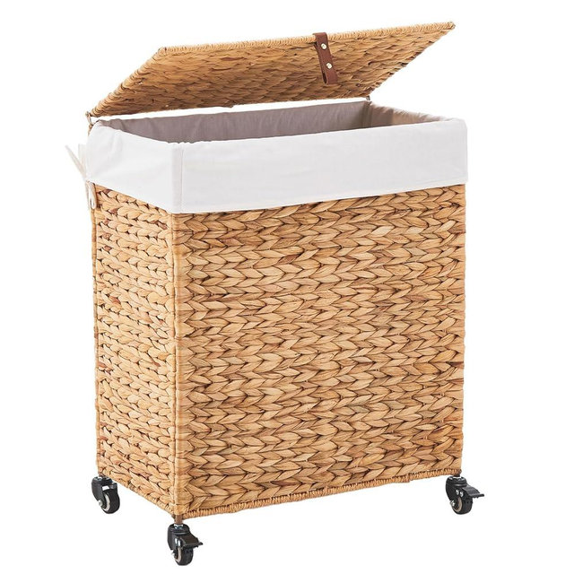 LGENHOOM Handwoven Laundry Hamper with Wheels, Natural Water Hyacinth Rolling Laundry Basket with Lid and Removable Liner, Durable and Stylish for Bedroom, Bathroom, Laundry Room (Natural, 95L)