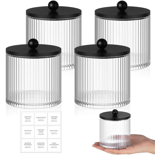 Yaomiao 4 Pcs Plastic Holder Dispenser Bathroom Jars with Black Bamboo Lids and Label Stickers, 18 oz Apothecary Canister with Fluted Design for Cotton Ball, Swab, Floss Picks House Storage