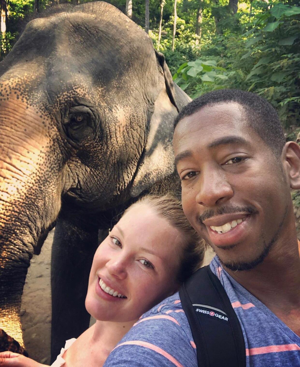 Dacon "the elephant", photo bombing us at the Elephant Sanctuary in Phuket, Thailand
