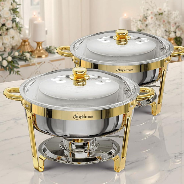 Chafing Dishes for Buffet 2 Pack, 6QT Round Chafing Dishes for Buffet [Elegant Gold] Stainless Steel Chafing Dish Buffet Set for Any Party