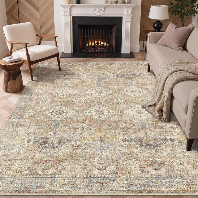 Bavni 9x12 Area Rug Washable Rug for Living Room Bedroom, Vintage Print Carpet, Low Pile Lightweight Mat with Non Slip Backing, Pale Warm Yellow