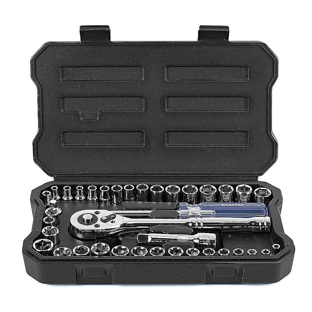 WORKPRO 39-Piece Drive Socket Wrench Set, 1/4-Inch & 3/8-Inch Small Sockets Set, 3/8" Ratchets, Extensions, Spinner Handle & Adapter, Mechanics Tool Set with Tool Box, for Repairing, Metric and SAE