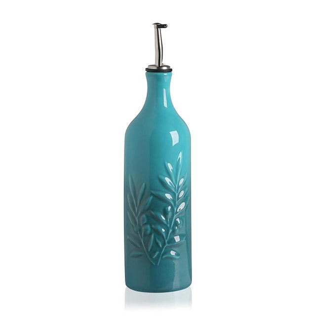 Sweejar Ceramic Olive Oil Dispenser Bottle, 24 Oz Relief Design EVOO Oil and Vinegar Dispensing Bottle with Spout for Kitchen, Set of 1 (Gradient Blue)