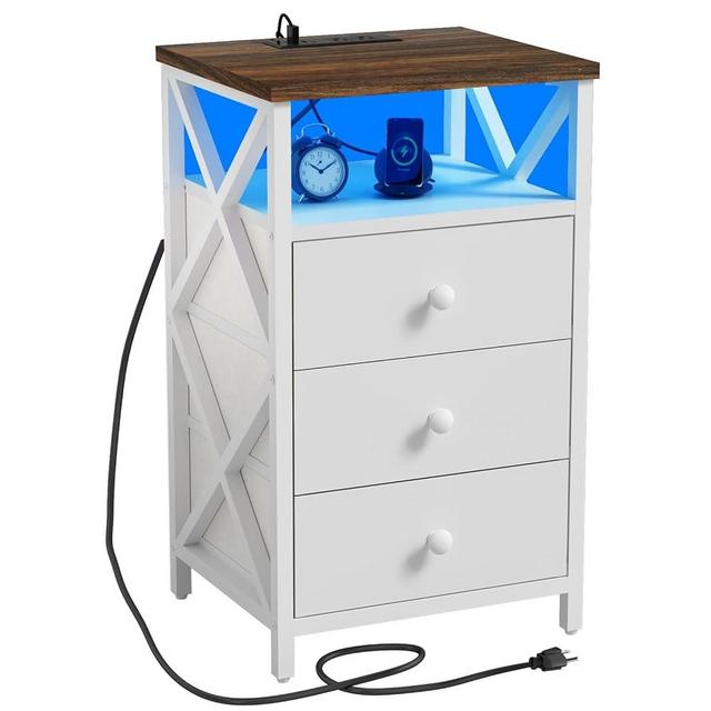 LTTDOUK LED Nightstand with Charging Station, Tall Dresser for Bedroom with LED Light, Side Table Bedside Tables with USB Ports and Outlets, White End Table with Drawer for Bedroom, Living Room