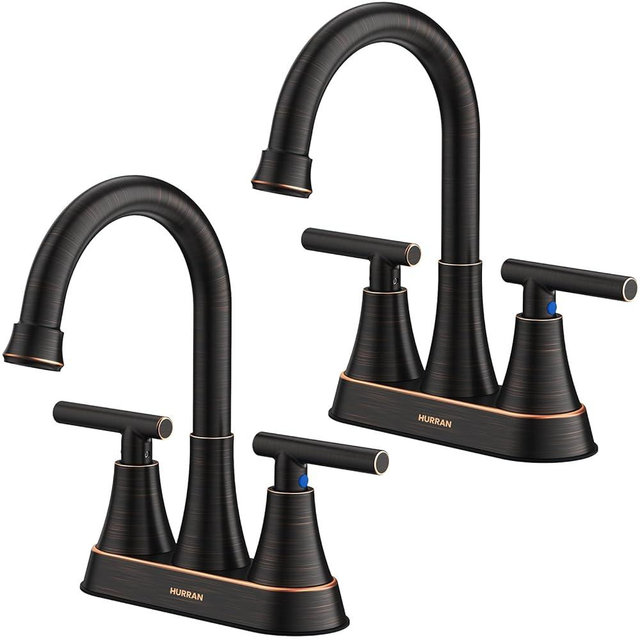 Bathroom Faucets for Sink 3 Hole, Hurran 4 inch Oil Rubbed Bronze Bathroom Sink Faucet with Pop-up Drain and Supply Hoses, Stainless Steel Lead-Free Centerset Faucets for Bathroom Vanity RV, 2 Pack