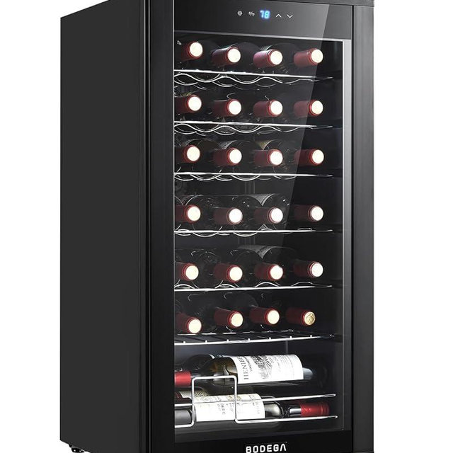 BODEGACOOLER 28 Bottle Compressor Wine Cooler Refrigerator, Mini Fridge with 41-64.4°F Digital Temperature Control Glass Door,Small Freestanding Wine Refrigerator for Red, White and Champagne