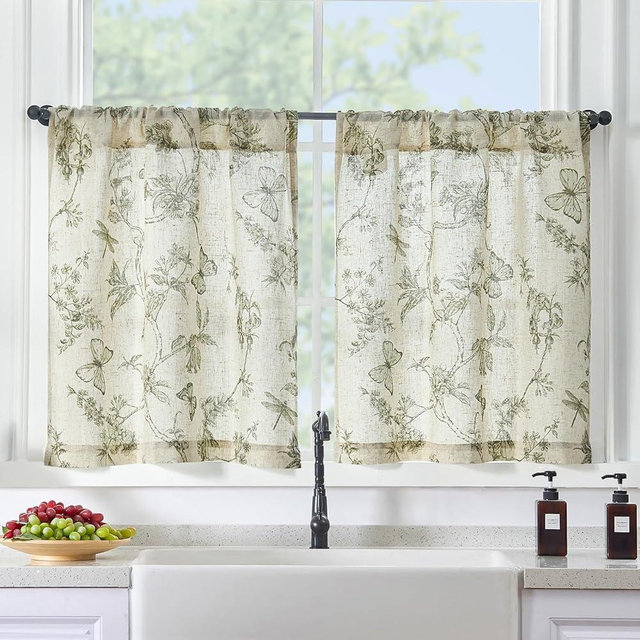 Lazzzy Green Floral Linen Kitchen Curtains 24 Inch Long, Linen Farmhouse Cafe Rustic Country Small Curtains Rod Pocket Tiers, 2 Panels, Green on Beige