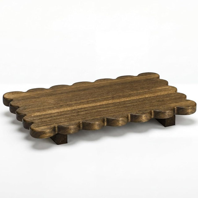 Yookeer Brown Scalloped Wood Riser Tray Soap Rustic Bathroom Decoration Scalloped Stand Soap Tray Wooden Decorative Pedestal for Bathroom Kitchen Dishes Plant Display Decor (11.6''X 7''X 1.4'',Square)