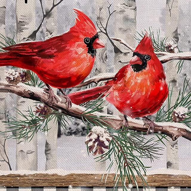 Covido Home Decorative Hello Winter Cardinals Garden Flag Black White Buffalo Plaid Check House Yard Red Bird Tree Branch Snow Pinecone Outside Decoration Christmas Farmhouse Outdoor Small Decor 12x18