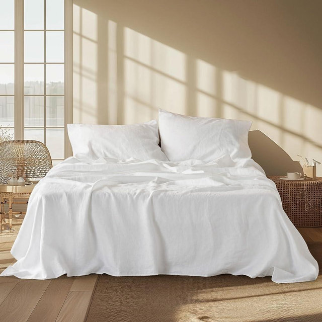Bedsure Queen Sheet Set - Cotton Sheets Queen Size Set, Blend from Linen Cotton Bedsheets, GentleSoft™ & Breathable Bedsheets with 16 Inches Pocket, Gifts for All Seasons, 4 Pieces, Pure White