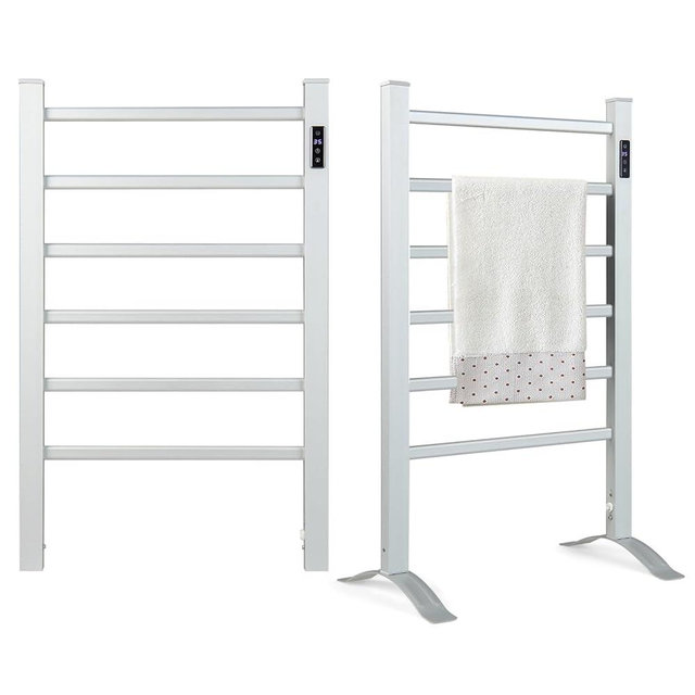 Tangkula Freestanding & Wall Mounted Towel Warmer, 6 Bars Heated Towel Rack w/ 8H Timer & LED Display, Aluminum Towel Heater w/Overheat Protection & Constant Temperature Control (Silver, 6 Bars)