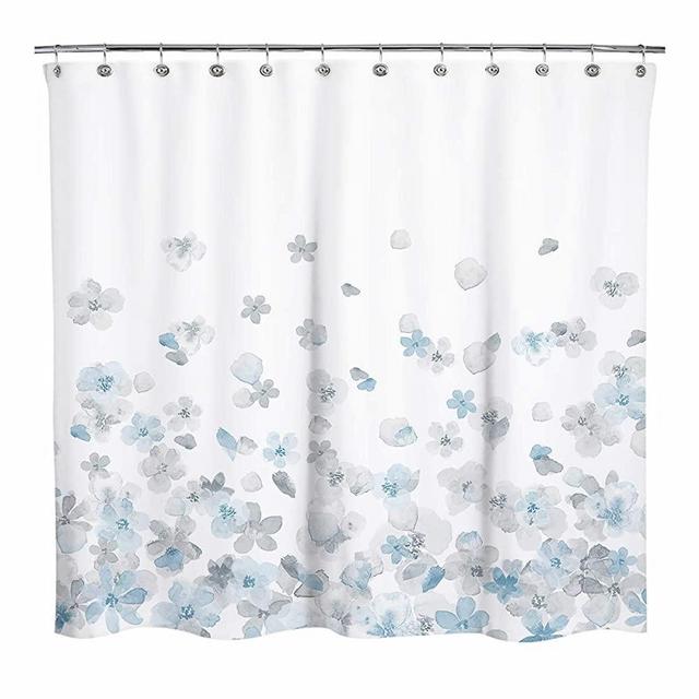 Sunlit Design Simple Style Blue and Gray Flower Blossoms Fabric Shower Curtains for Bathroom Decor with White Background, Machine Washable
