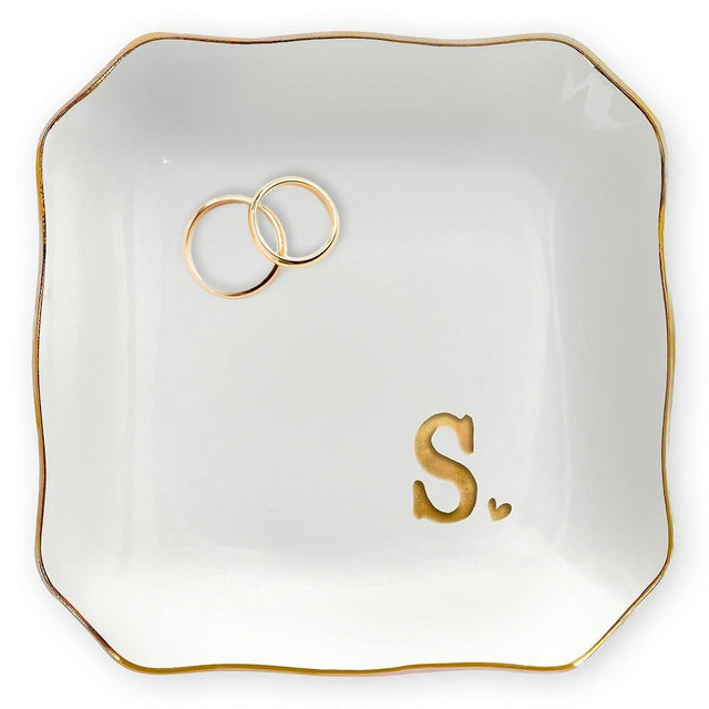 OASSIE Wedding Gifts - 4"x4" Initials Ceramic Jewelry Dish Tray Letter S - Ring Dish Engagement Gift, Wedding Bridal Shower Gift for Bride, Mothers Day Birthday Gifts for Women Her Friends Mom Sister