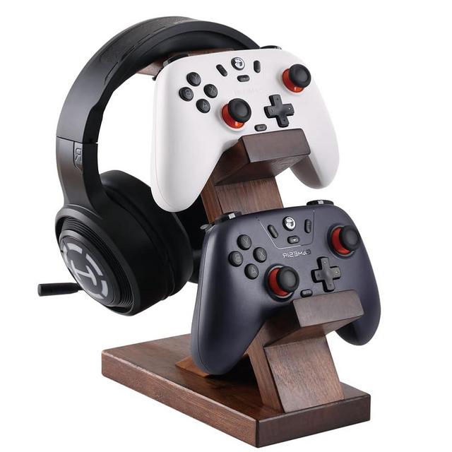 ZQL Wooden Gamepad Controller & Headphone Hanger Holder, Solid Walnut Controller Holder Headset Stand Compatible with PS4, PS5, Xbox ONE, Switch, Universal Design (Solid Black Walnut)