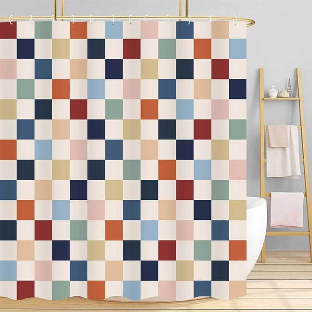 Retro Colorful Checkered Shower Curtain Vintage Rainbow Mid Century Checkerboard Shower Curtains for Bathroom Decor 72x72Inches Washable Fabric Cute Abstract Geometric Plaid Bath Curtain with 12 Hooks