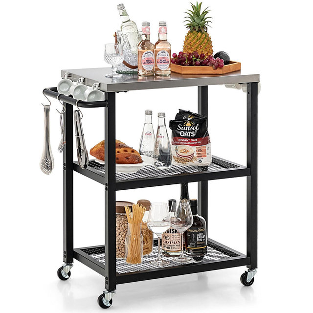 Tangkula 3-tier Outdoor Grill Cart on Wheels w/ Stainless Steel Top & Handle 3 Hooks Patio