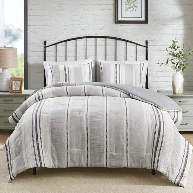 Hyde Lane Farmhouse Bedding Set ,Grey Modern Full/Queen Size Comforter,Cotton Top with Neutral Rustic Style Stripes, Boho Bedroom Bed Sets,3-Pieces Including Matching Pillow Shams (90x90 Inches)