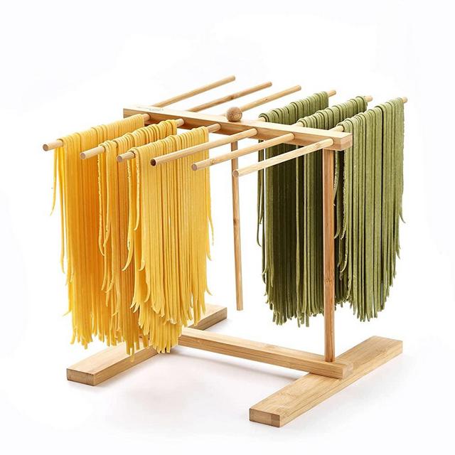 8SOM Bamboo Collapsible Pasta Drying Rack with Transfer Wand and 12 Bars, Easy to Transfer for Drying Pasta and Cooking, Special Suspension Design for Large Storage