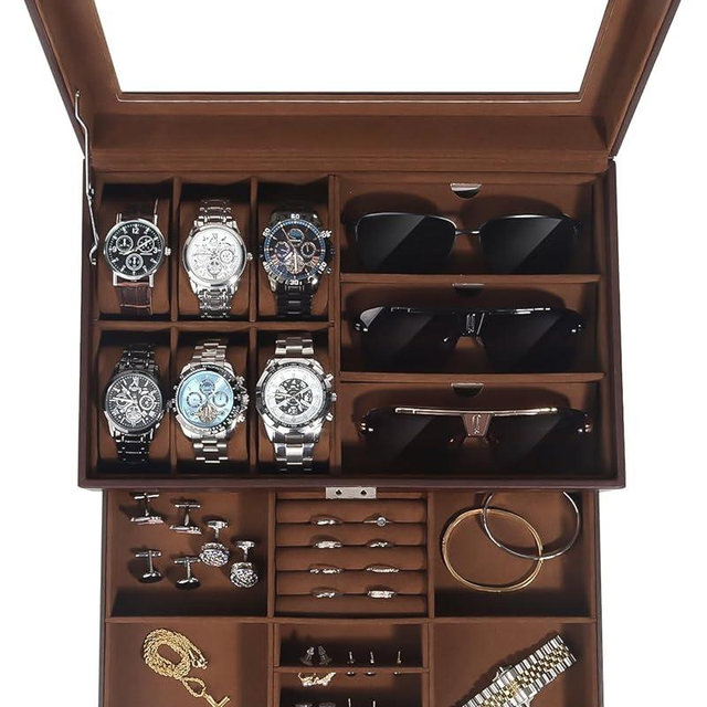 Kukikan Watch Jewelry Box Organizer, 6-Slot 2-Layer Watch Case and Sunglasses Storage with Large Glass Lid, Men's Jewelry Box with Lock, Watch Holder Display Case, Gift for Men Women