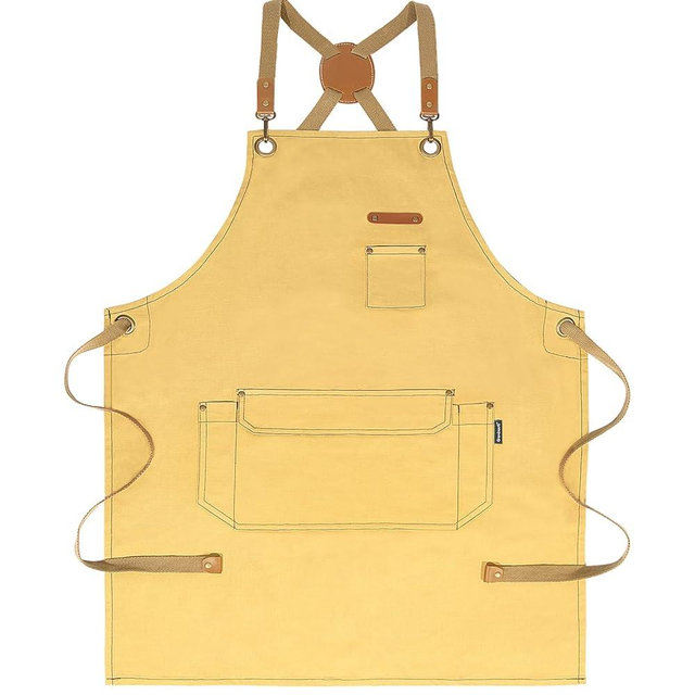 Chef Apron for Men Women with Gift Box Pack, Cross Back Apron with Pockets for Kitchen Cooking Baking Artist Painting, Cotton Canvas Work Aprons for Shop, Garden, Restaurant, Cafe (Yellow, M to XXL)