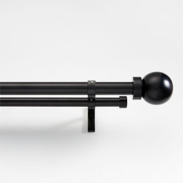 Black 1" Double Curtain Rod and Large Round End Cap Finials Set 120"-170"