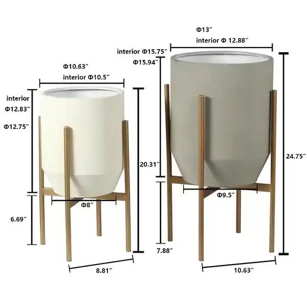 Grey and Off-White Metal Round Cachepot Planters with Gold Metal Stand (Set of 2)