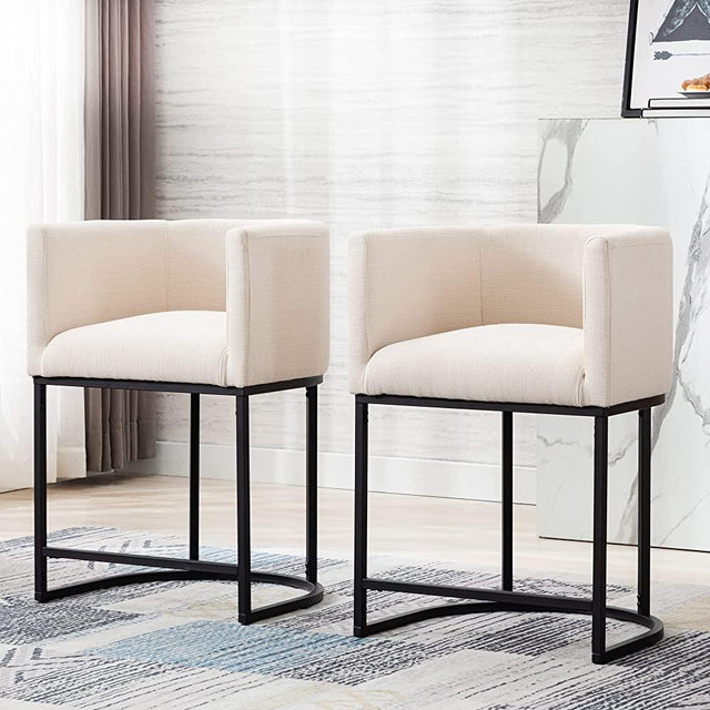 HNY Modern Counter Height Linen Fabric Upholstered Counter Stools Set of 2, 24 inch Kitchen Island Stool with Black Tubular Frame, Cream