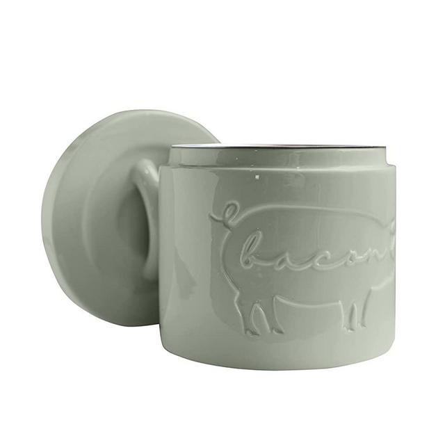 Bacon Grease Container with Strainer Farmhouse Kitchen Decor Ceramic Oil Storage Canister Grease Keeper Kitchen Counter Storage Container, Stone Sage