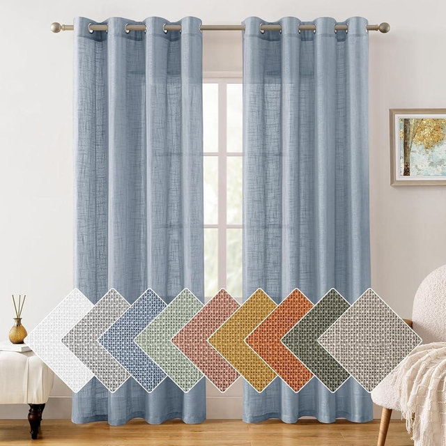 HOMEIDEAS Stone Blue Linen Sheer Curtains, 84 Inches Long 2 Panels Textured Semi Sheer Curtains Farmhouse Privacy Window Drapes for Bedroom Living Room