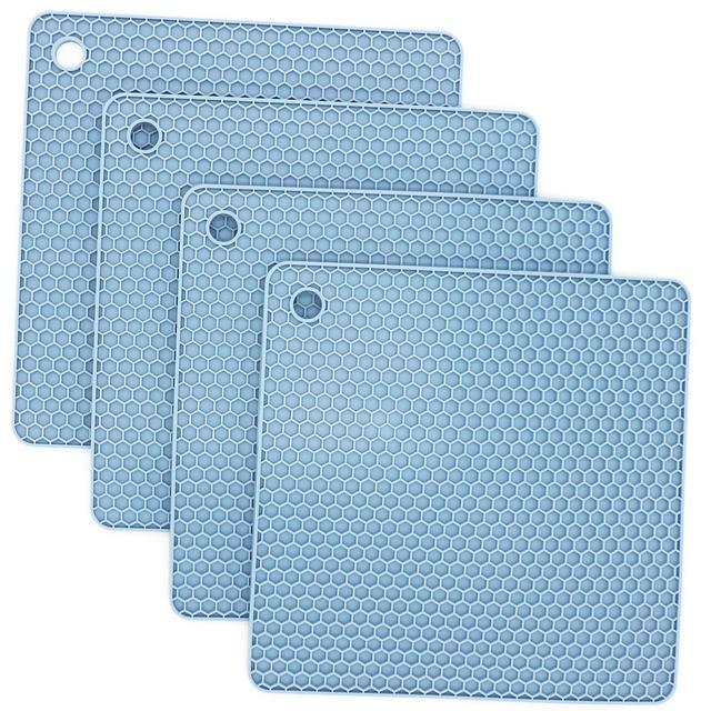Smithcraft Silicone Trivet Mat for Hot Pot Holder, Multi-Purpose Drying Trivet Mat, Kitchen Table pad, (Set of 4) Non Slip, Flexible, Durable,Heat Resistant Pads (Blue-Square)
