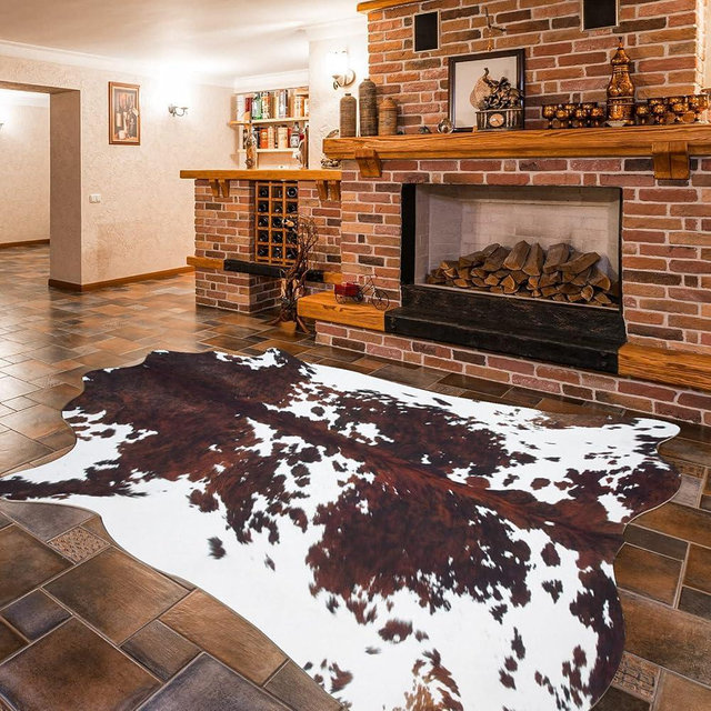 Guyi Rare Faux Cowhide Rug 4.6X5.2 ft Cow Rug Rustic Chic Western Rugs for Bedroom Living Room Dining Room Brown Animal Rugs Cow Print Non Slip Cow Area Rugs (M((4.6X5.2 ft, Brown Cowhide)