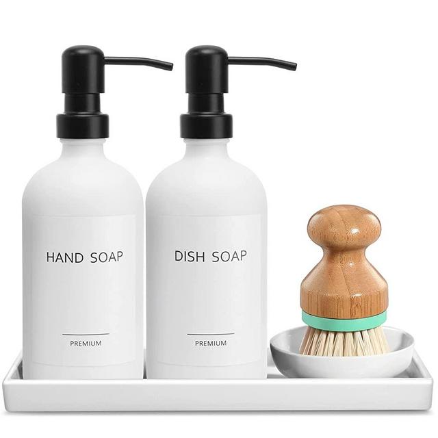 GMISUN Kitchen Soap Dispenser Set, Hand and Dish Soap Dispenser Set with Ceramic Tray & Bamboo Dish Brush, 2 Pack 16 Oz White Glass Liquid Pump Bottle, Modern Farmhouse Refillable Dish Soap Bottle