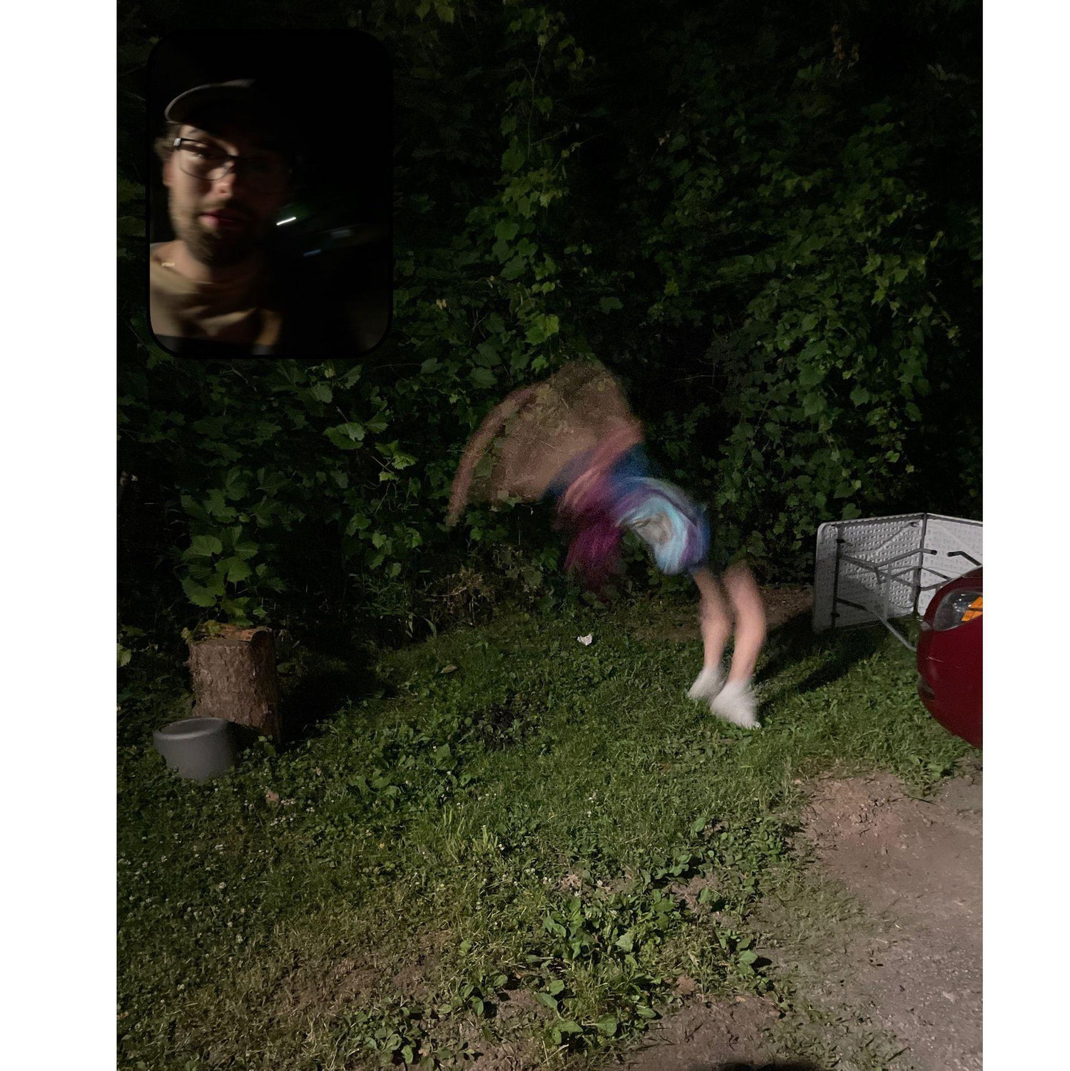 June 29, 2022: This was the first night Sara went to trivia Tuesday with Eryn. At the end of the night Sara did a back hand spring and fell over the stump seen in the background.
