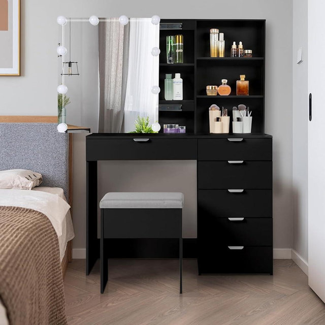 Karl home Vanity Desk with Mirror and Lights,3 Lighting Modes Adjustable Brightness,Makeup Vanity with Sliding Mirror and Stool,6-Drawer Makeup Desk Vanity Table for Bedroom,Black
