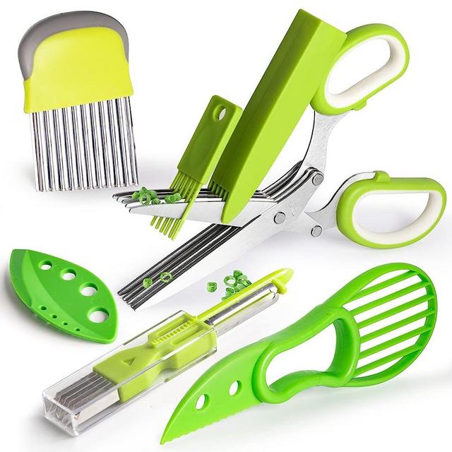 Herb Scissors for Kitchen, AUGVO Leaf Herb Stripper Stainless Steel 5 Blade Kitchen Shears Fruit Peeler Green Onion Slicer Potato Cutter for Chopping Chive, Vegetables, Salad, Parsley, Herb Tool Set