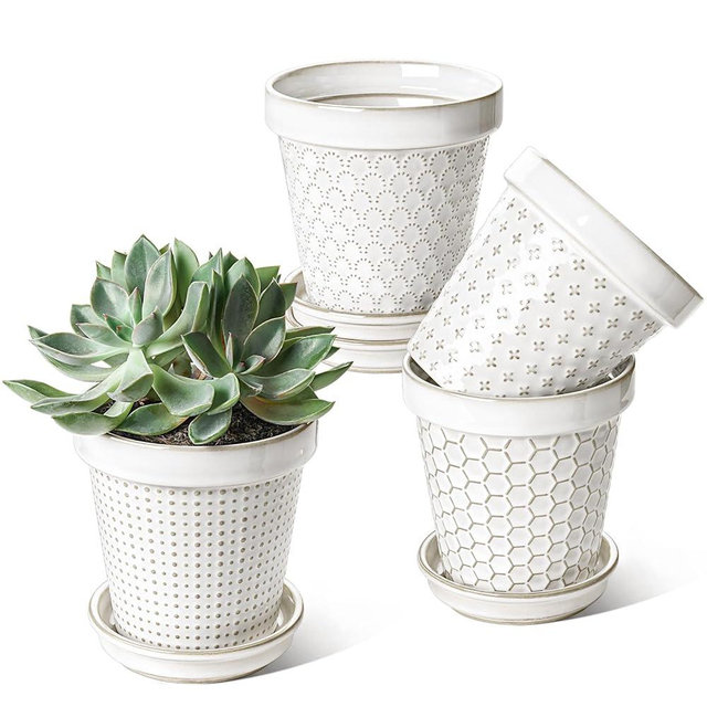 LE TAUCI Ceramic Plant Pots, 4.9 Inch Flower Pots with Drainage Hole & Saucer, Embossed Planter Pots for Indoor Plant Succulent, Orchid, Cactus, Home Decor - Set of 4, Arctic White