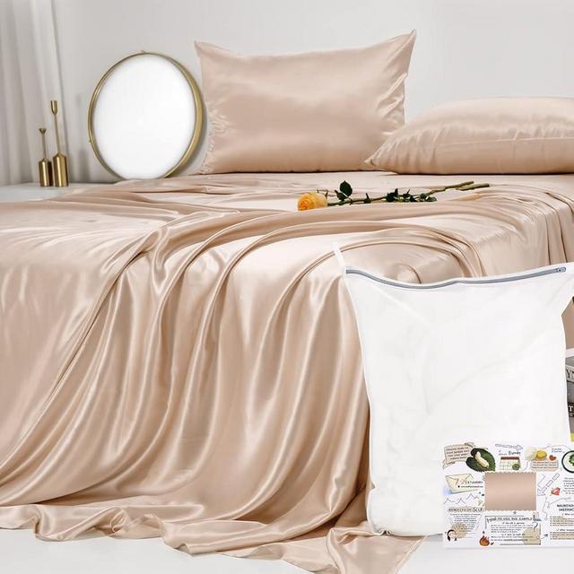 PROMEED 23 Momme Silk Sheets King Set, Oeko Certified, Includes Flat Sheet, Deep Pocket Fitted Sheet and Pillowcases Mulberry Silk 4-Piece Bedding Set (Champagne, King)