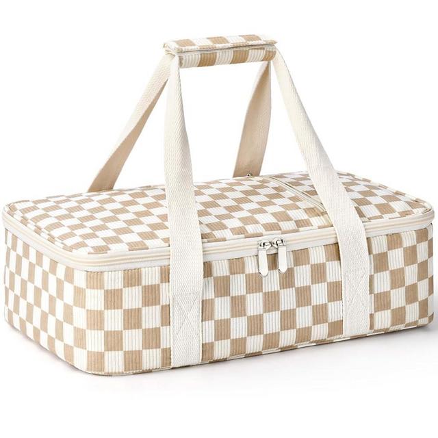 MIAOJIE Insulated Casserole Carrier for Hot or Cold Food,Pie Carrier Bag Lunch Bag Tote for Potluck Parties/Picnic/Cookouts, Fits 9"x13" Baking Dish,Single Corduroy Khaki Grid