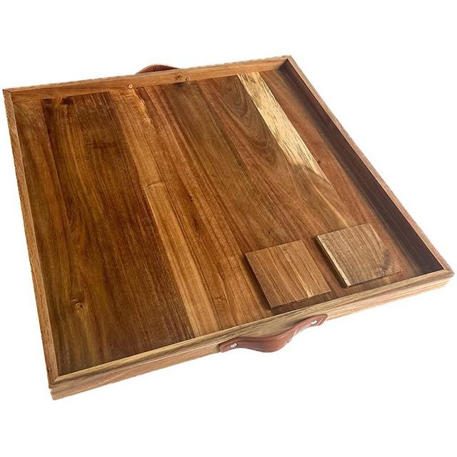 ANSAHMAN Acacia Wood Serving Tray - 23 x 23 Inches with Leather Handle, Acacia Wooden Finish Table Serving Tray, Large Wood Serving Tray with 2 Square Coaster Set Best for All Occasion